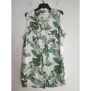 C & C California Women White w/Green Floral 100% Linen Button Down Shirt size 2X